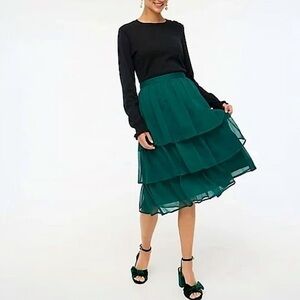 J. Crew Hunter Green Polka Dot Ruffle Midi Skirt Medium